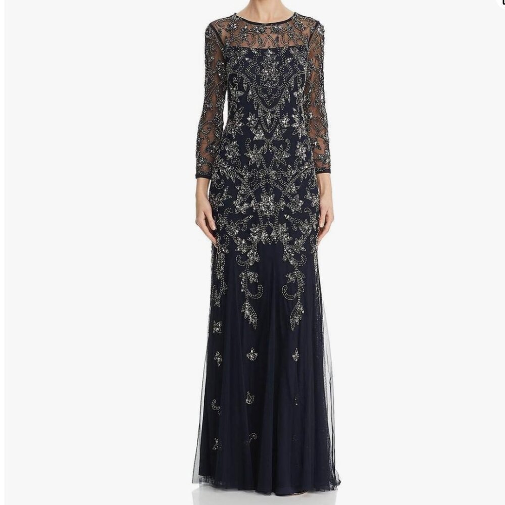 Adrianna Papell Midnight Blue Long Sleeve Beaded Dress - NWT
